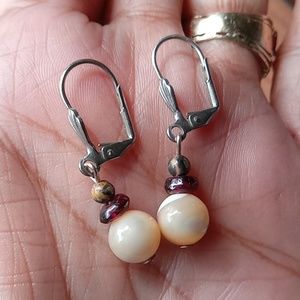 Earrings, Sterling Wires,Moonstone, Garnet and a natural stone